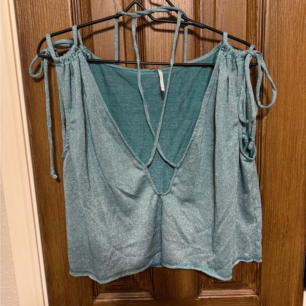 Free People Green/ Blue Sleeveless Tie Front Crop Top